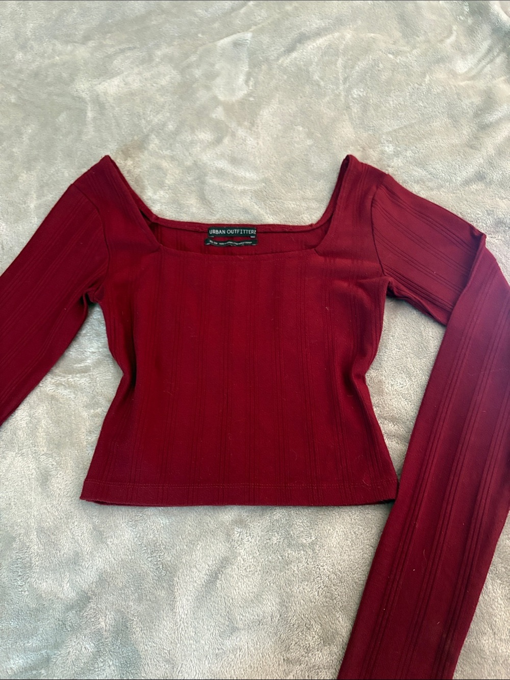 Urban Outfitters Deep Red Ribbed Square-Neck Long Sleeve Top